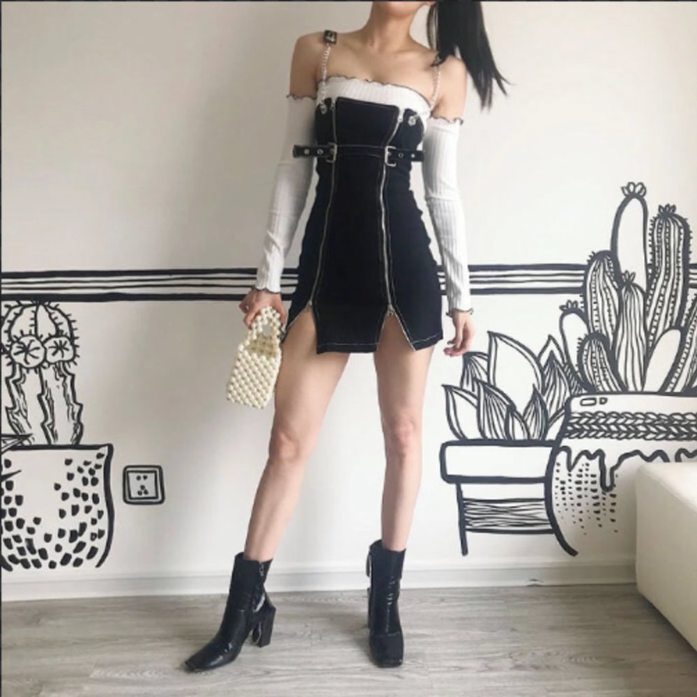 Yesstyle Ohnana Zip-up Black Mini Dress w/ Buckles